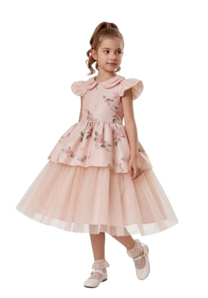 Rose Print Collar Tulle Dress