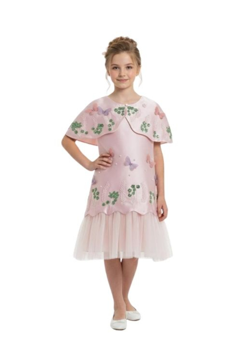 Butterfly & Floral Embroidered Satin Dress