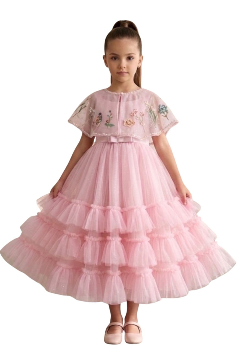 Floral Embroidery Capelet Tulle Party Dress