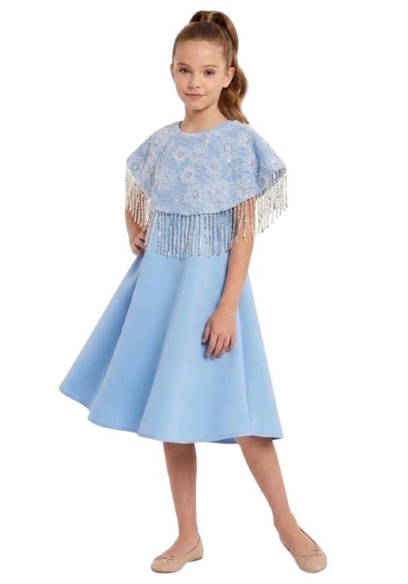 Blue Floral Cape Crystal Dress